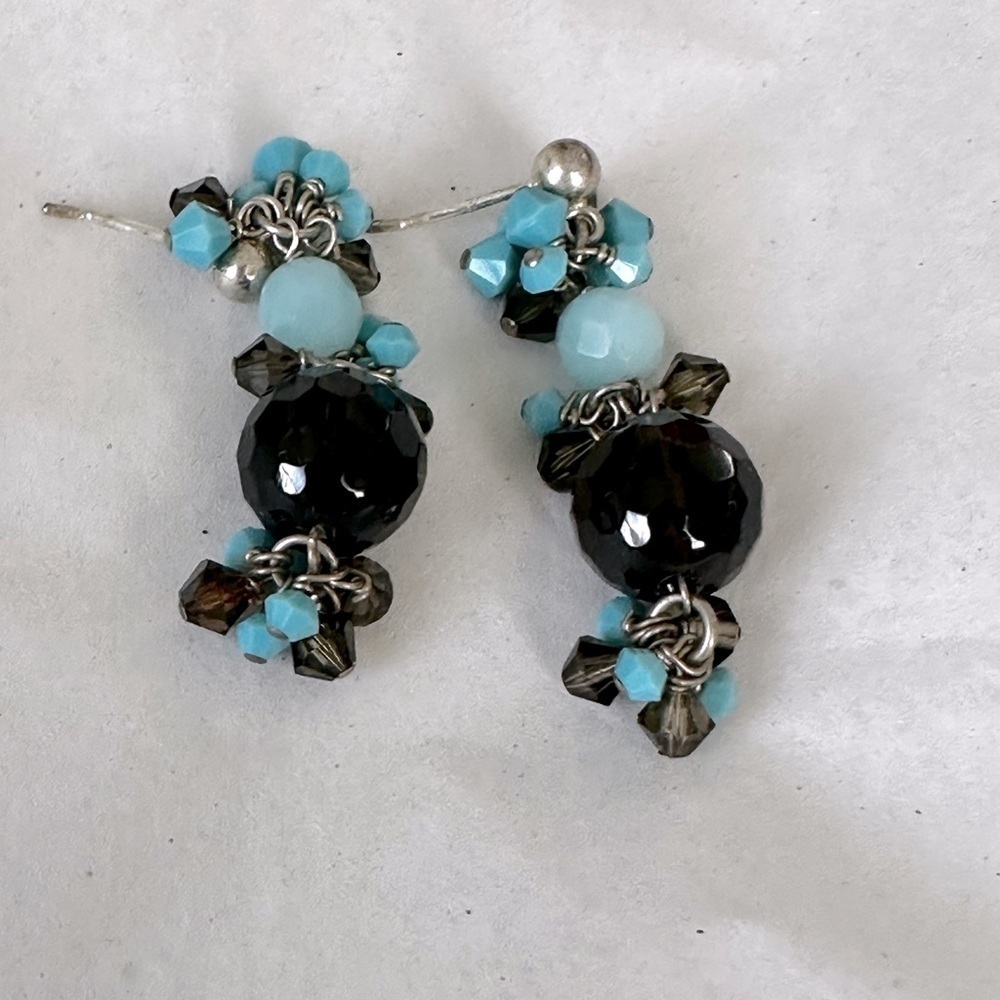 Handcrafted beaded pierced earrings Turquoise & topaz  beads dangling